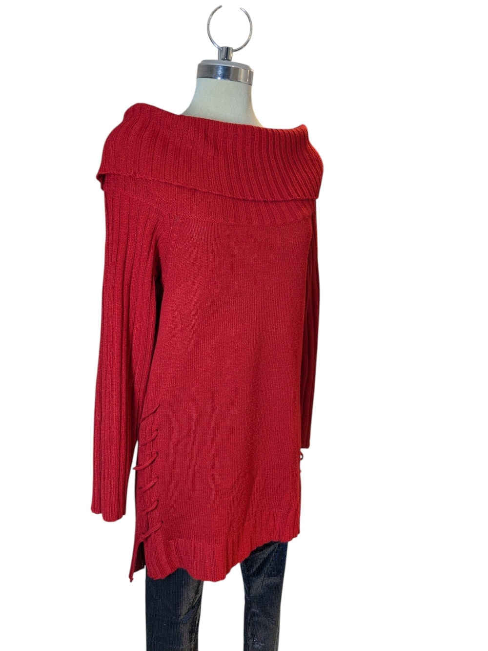 Off-Shoulder Lace-Up Knit Sweater in Red - Picture 6 of 15
